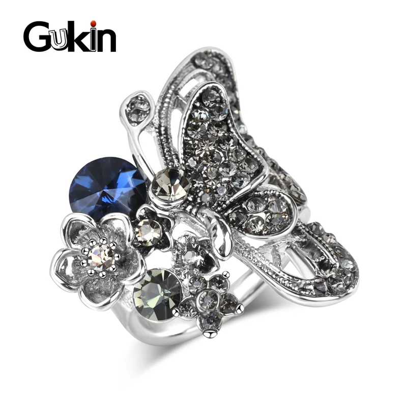 Gukin Punk Animal Rings For Women Charm Big Butterfly Ring Silver Plated Mosaic Blue Crystal Vintage Jewelry Party Gifts | Украшения и