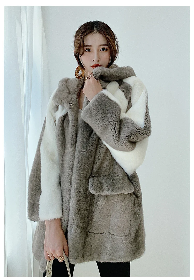 Natural Real Mink Fur Coat Hooded Women's Mink Fur Outwear