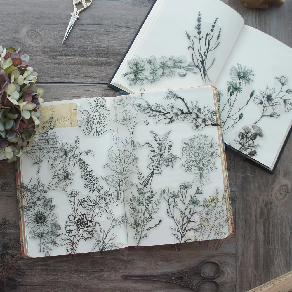 Decorative Floral Stickers Pen Drawing Flower Bouquet Style 38pcs