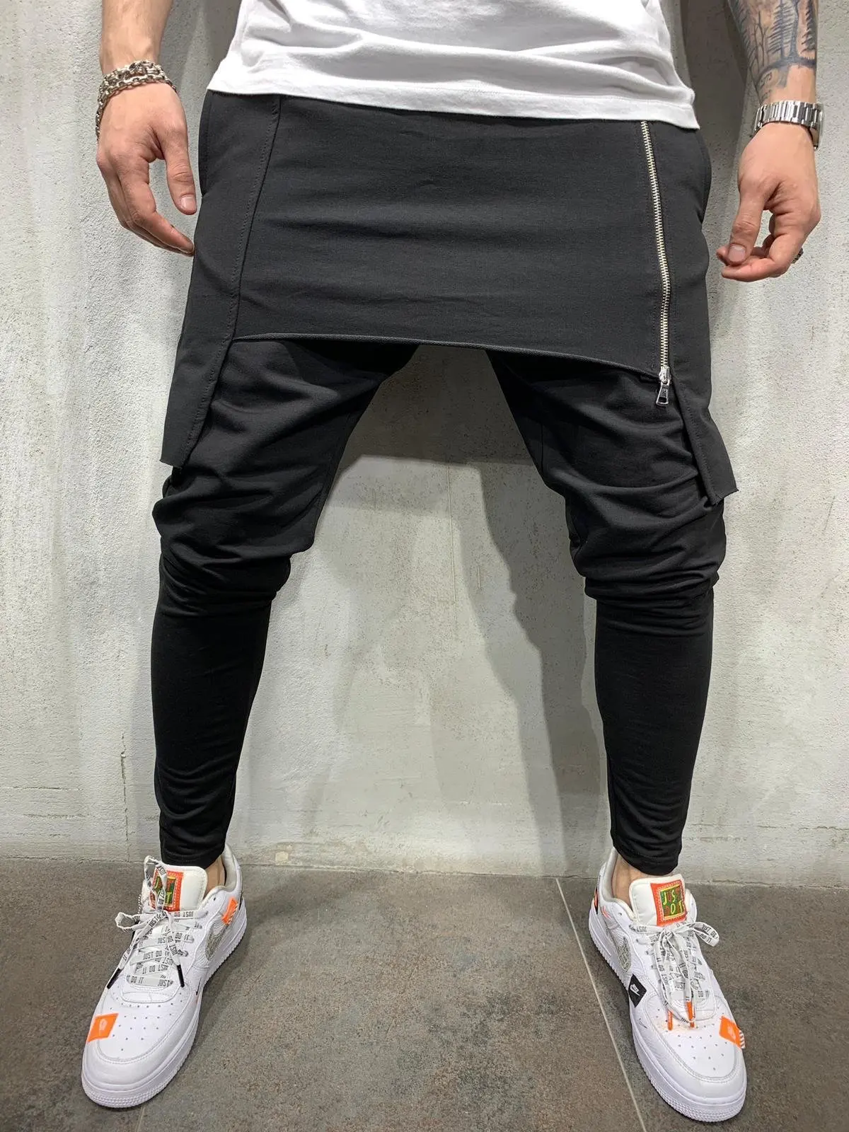 

Muscle New Hip Hop Trend Trousers Slim Solid Color Feet Street Sports Casual Trousers Skirt Pants Male Irregular Zipper Pant
