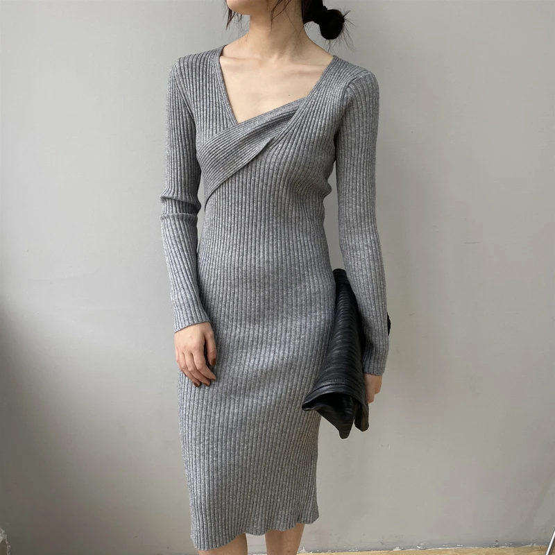 

2020 Autumn V-neck New Arrival High Waist Slim All-match White Knee-length Long-sleeved Dress Women Fashion Tide C753
