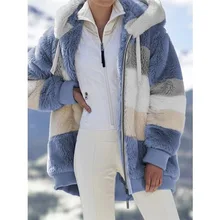 Women Jacket 2020 Winter Fashion Warm Plush Patchwork Zipper Pocket Hooded Jacket Lady Long Plus Size Long Sleeve Top Coat