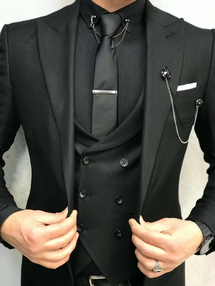 Мужские черные 3 предмета в комплекте с заостренными лацканами костюм выпускного индивидуальный заказ смокинг жениха свадебный костюм на заказ