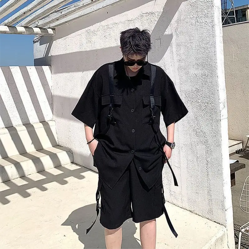 

Костюм для инструментов Streamer techwear, мужская рубашка с коротким рукавом + свободные брюки средней длины, Модный комплект из двух предметов, Повседневная летняя одежда в стиле хип-хоп в стиле панк