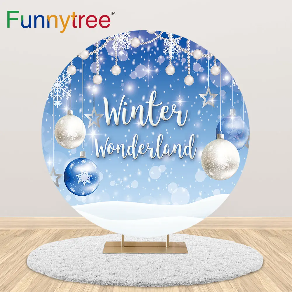 

Funnytree Winter Wonderland New Year Christmas Round Circle Backdrop Ball Snow Hola Glitter Decor Background Tablecloth Cover