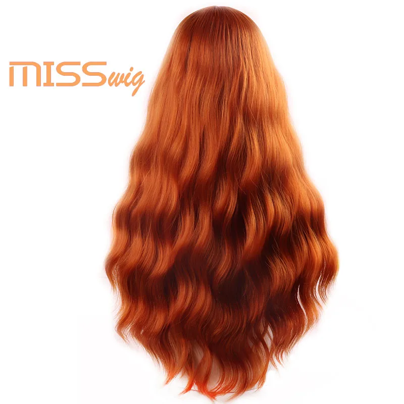 Baratos MISS peluca pelucas onduladas largas para mujeres negras pelo sintético africano americano pelucas marrones anaranjadas con flequillo peluca resistente al calor