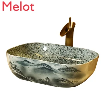 

New Chinese Style Antique Wash Basin Single Basin Bathroom Creative Cool Table Basin Square Art Basin Large Basin