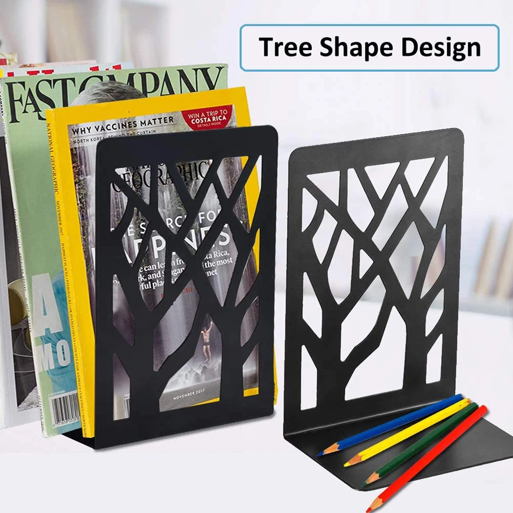 

2pcs Bookends Non-slip Bookend Metal Stand Bezel Book Organizer School Stationery Tree Shaped Office Magazines Tabletop Holder