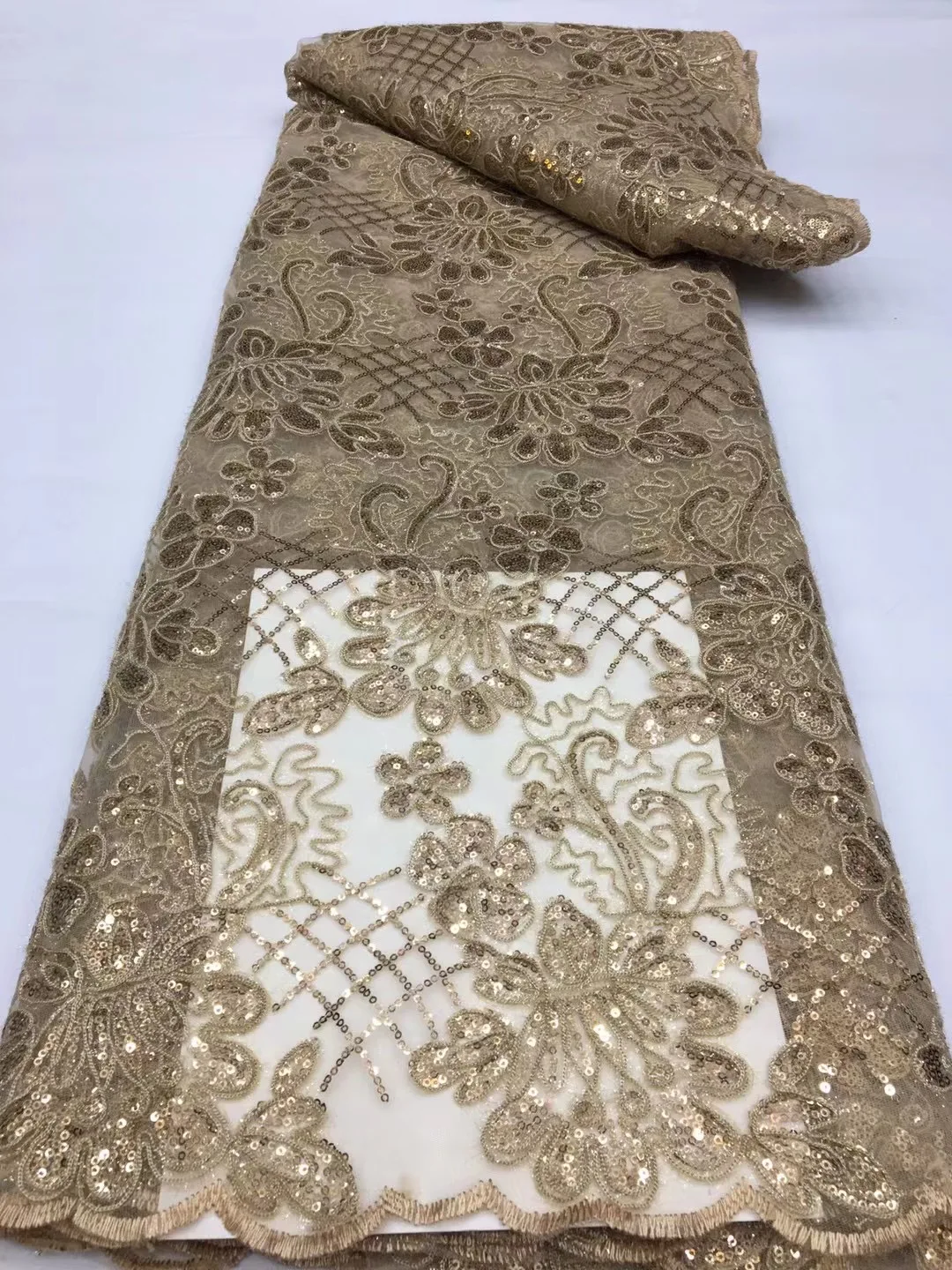 

(5yards/pc) Gold African tulle lace fabric with sequins excellent furry embroidered French net lace for party dress FSS429