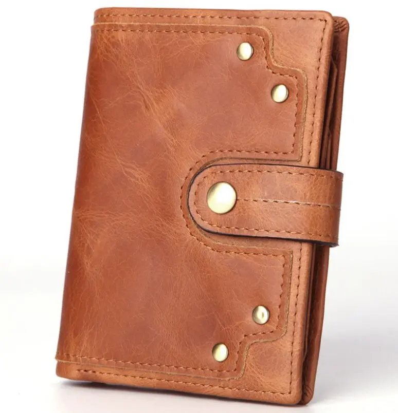 Brown hasp purse Мужской кошелек из натуральной кожи с карманом для монет, Винтажный Мужской кошелек с заклепками, тонкое ушко с держателем для карт, женский короткий кошелек - Цвет: Brown hasp purse