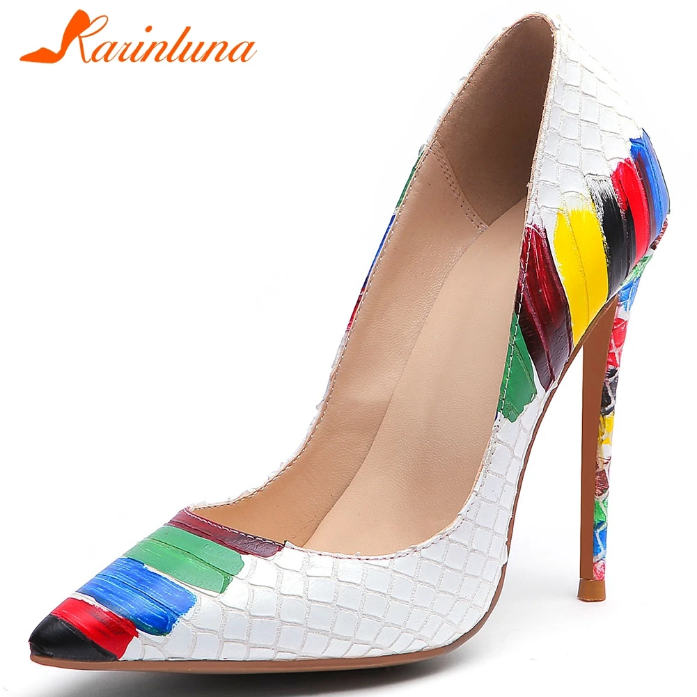 

KARINLUNA New Ladies Super High Heels Pumps Cool Graffi Pointed Toe Pumps Women Fashion Party mixed-color Shoes Woman