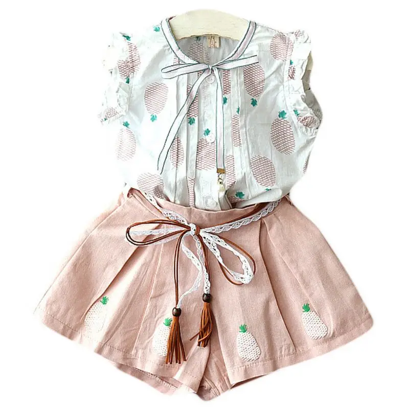 

2 Pcs/set Girls Summer Clothing Pineapple Print Lace Sleeveless Shirt Shorts Little Girl Children Set
