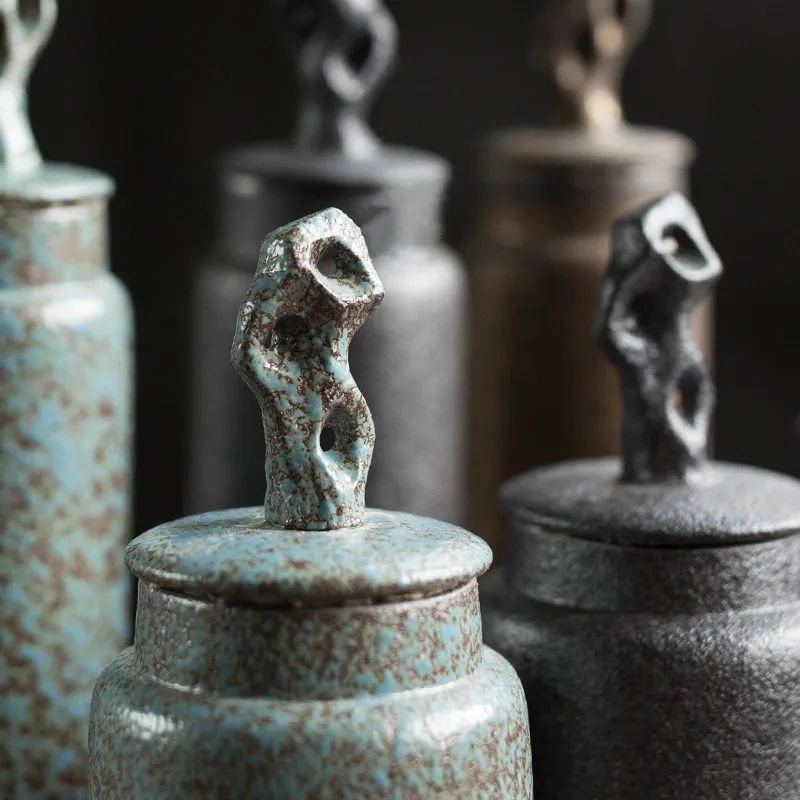 Chinese Stoneware Sealed Tea Caddy Storage Jar Long Tube Hollow Coral Cover Cylindrical Kitchen Canisters Set Tea Organizer