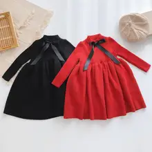 Осень-зима школьное платье принцессы для девочек с бантом вязаный Свитер с длинными рукавами Детские праздничные платья для детей платье для малышей, девочек детская одежда