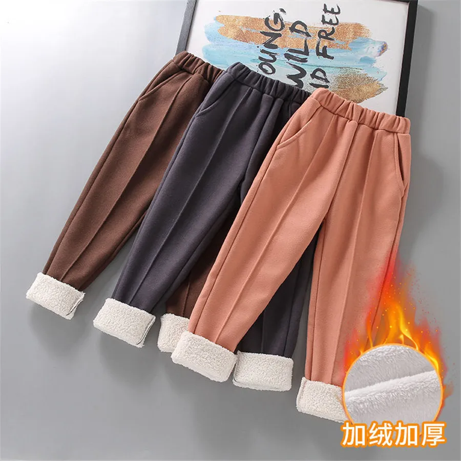 

New 2021Autumn Winter Kids Thicken Velvet Pants For Girls Children Warm Fleece Clothes Girls Trousers Woolen Fabric Pants
