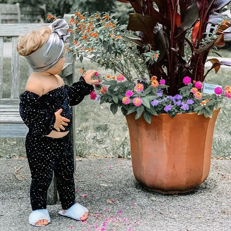 Брендовый комплект для малышей, топы с блестками и открытыми плечами для маленьких девочек, штаны повязка на голову из чистого хлопка с длинными рукавами в горошек