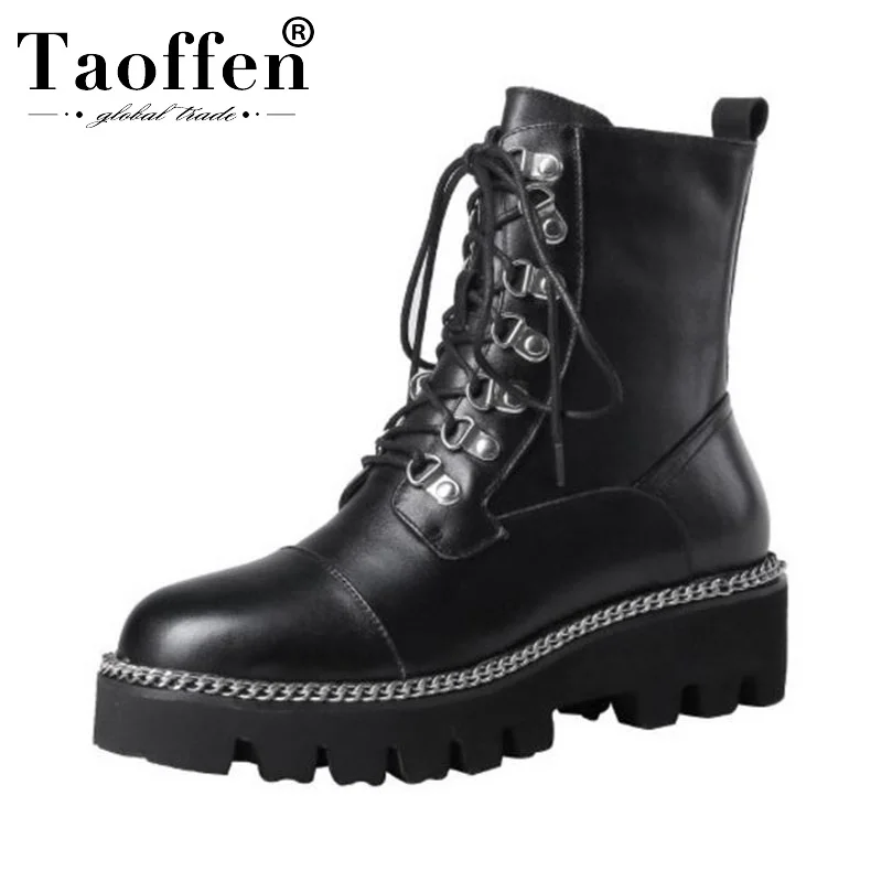 

Taoffen Ladies Genuine Leather Ankle Boots Cross Strap Platform Thick Sole Winter Warm Short Boots Daily Punk Shoes Size 33-40