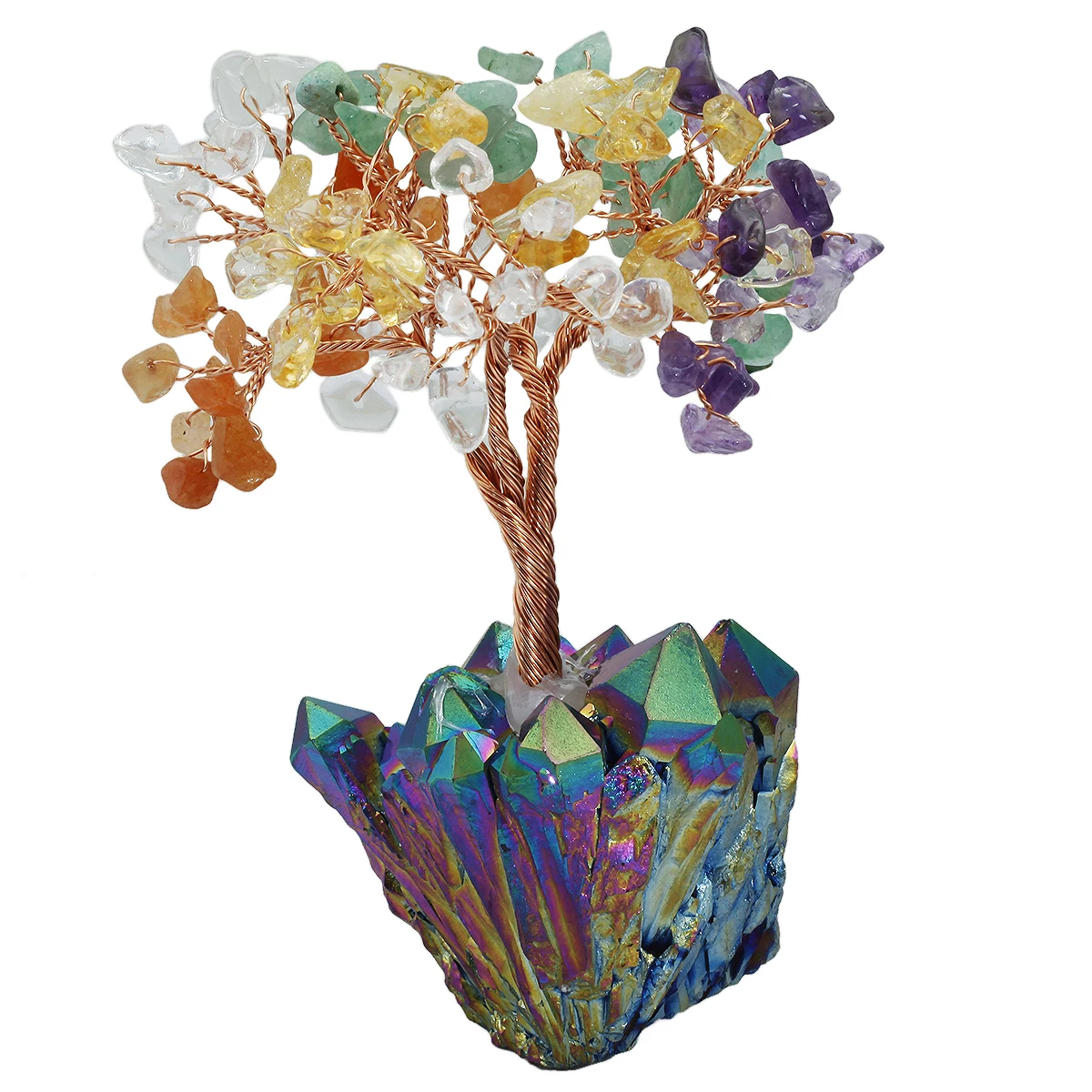 Natural Gem Stone Money Tree Rainbow Crystal Cluster Base Copper Wrap Lucky Tree Luck Wealth Tabletop Home Office Healing Decor