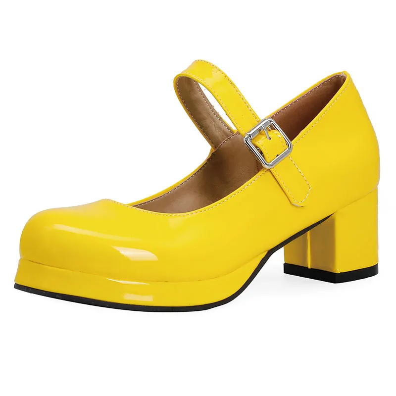 Sgesvier 2021 Spring Women Buckle Comfortable Platform Thick High Heel Pumps Fashion Sweet Dress Shoes Yellow White Red Size 48 heels shoes for graduation