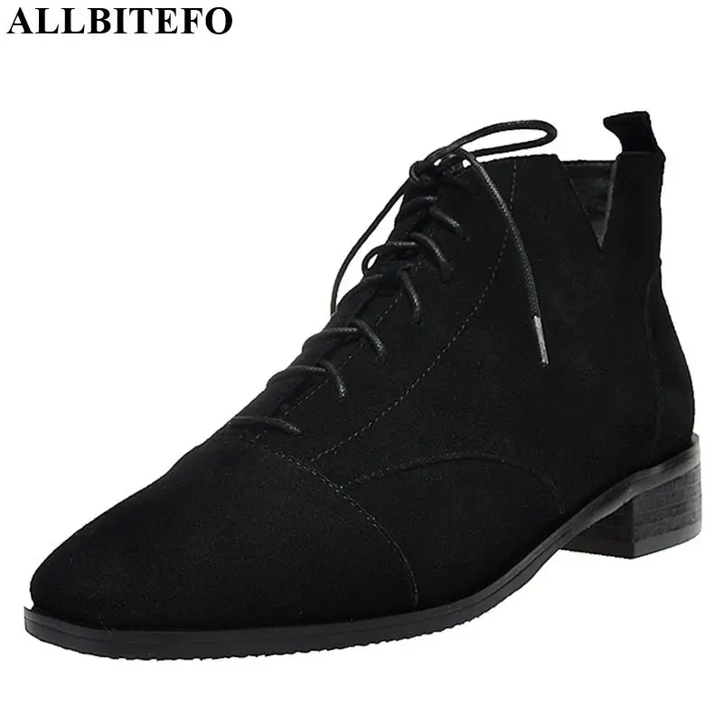 

ALLBITEFO new causal genuine leather women boots fashion Pure color ankle boots Autumn Winter lace up Martin boots comfortable