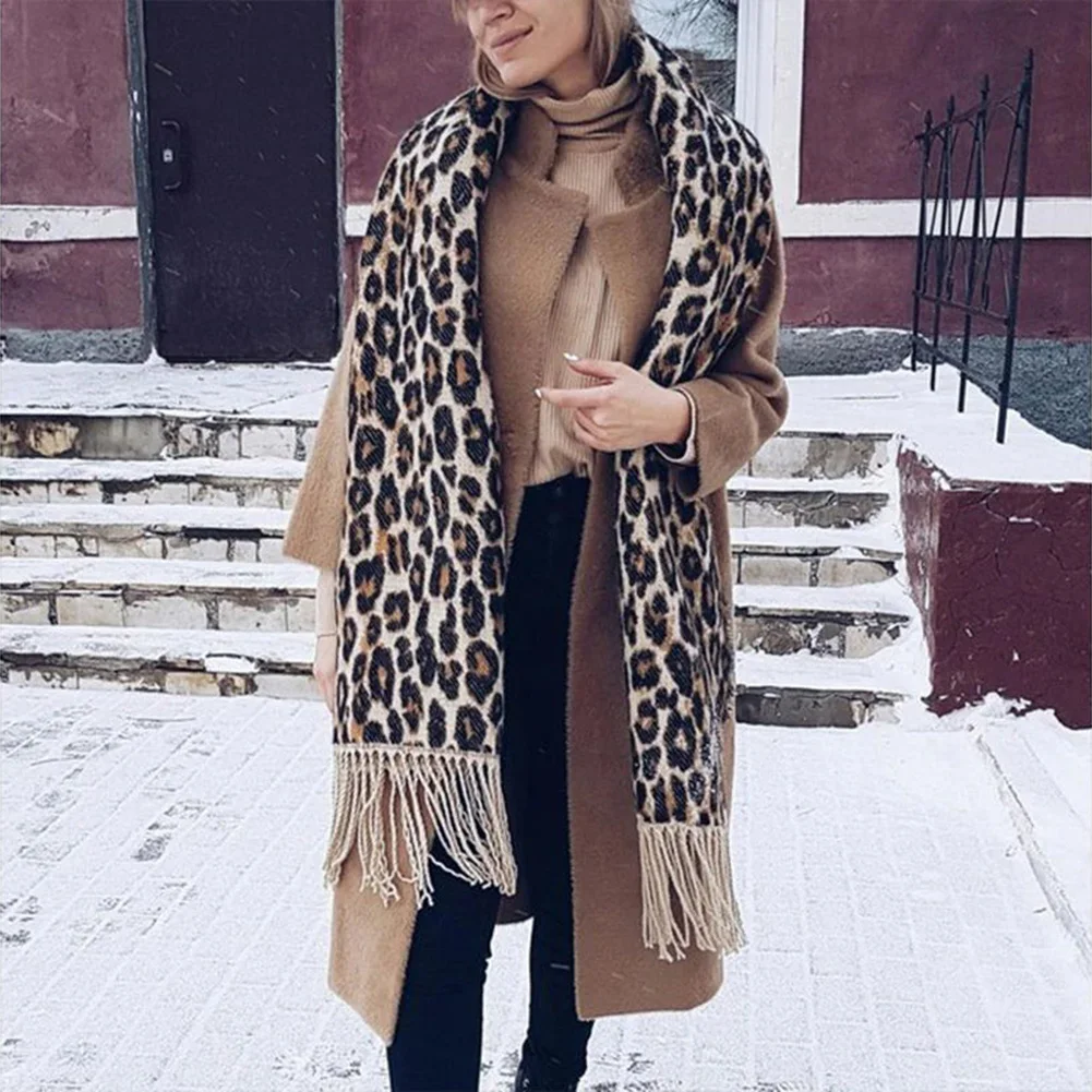 Bohisen winter accessories Woman's Fashion Leopard Print knitting Scarf Soft Warm Large Size with Tassel Ornaments Scarf Shawl