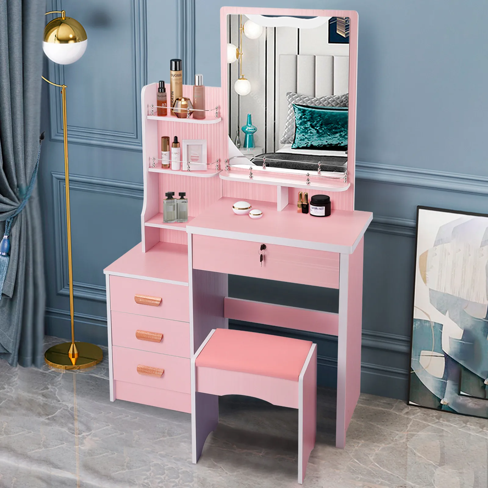 Pink Makeup Vanity Set With Big Mirror, Dressing Table With 4 Drawers Storage And Cushioned Stool For Bedroom Dressers - AliExpress