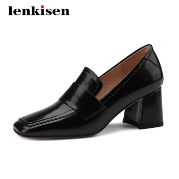 

Lenkisen autumn new shoes streetwear classic colors square toe thick high heels slip on beauty lady dress party women pumps L37
