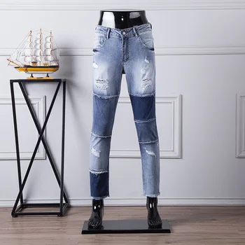 

Hole Splicing Bump Color Male Pack Jeans Elastic Waist Jeans Pants Tide