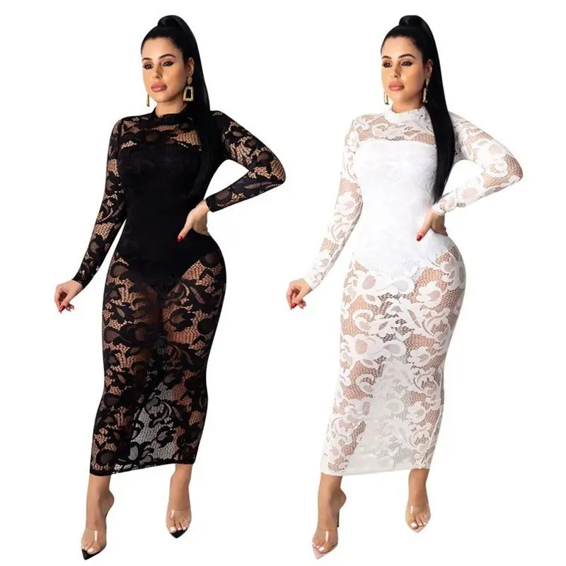 

Women Lace See Through Mini Dress Embroidery Sleeve Round Neck Sheer Evening Clubwear Club Womens Maxi Dresses