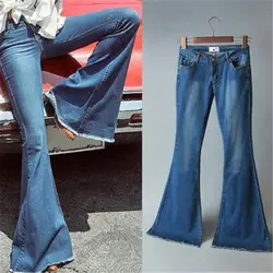 Синие расширенные книзу, со средней талией брюки-клёш женские 2019 новые весенние женские сексуальные джинсы стрейч модные широкие