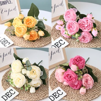 

5Heads A Bunch Rose Artificial Flower Rose Bouquet For Wedding Home Decoration DIY Scrapbooking Wreath Fake Flowers For Decor