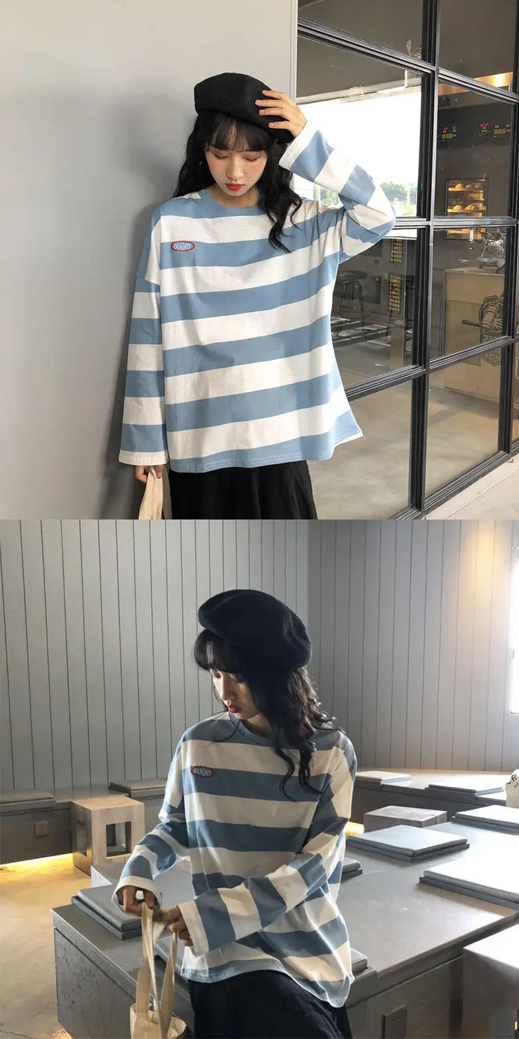 Harajuku полосатая рубашка уличная женская одежда корейский стиль с длинным рукавом Vogue Camisa Mujer Осенняя футболка для женщин размера плюс