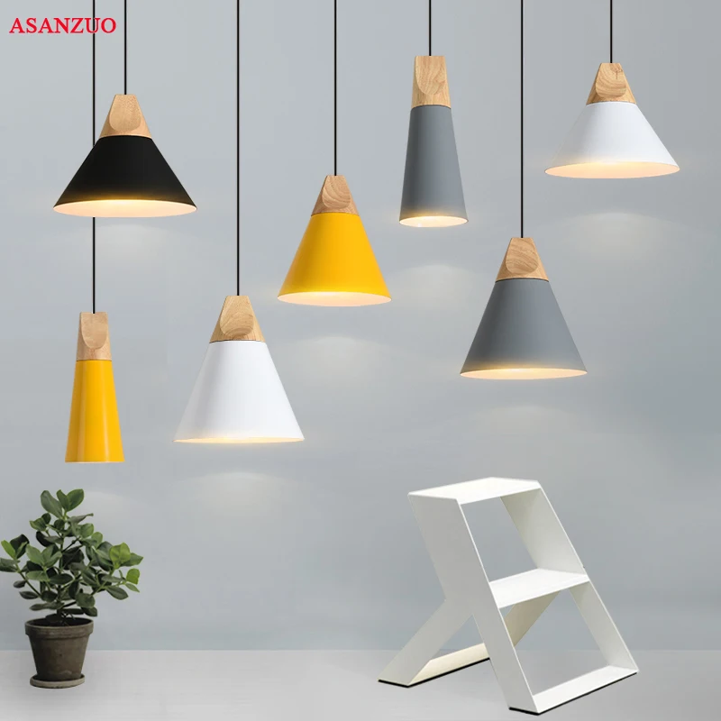 

Modern Wood Dining Room Lights Pendant Lamp Art Pendant Lights Lamparas Colorful Aluminum lamp shade Luminaire For Home Lighting