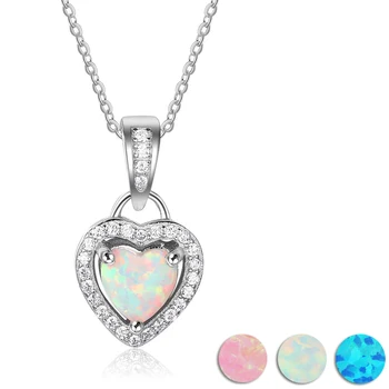 Heart Shape White Pink Blue Opal Necklaces & Pendants with Cubic Zirconia 925 Sterling Silver Jewelry Fine Gift (Lam Hub Fong)
