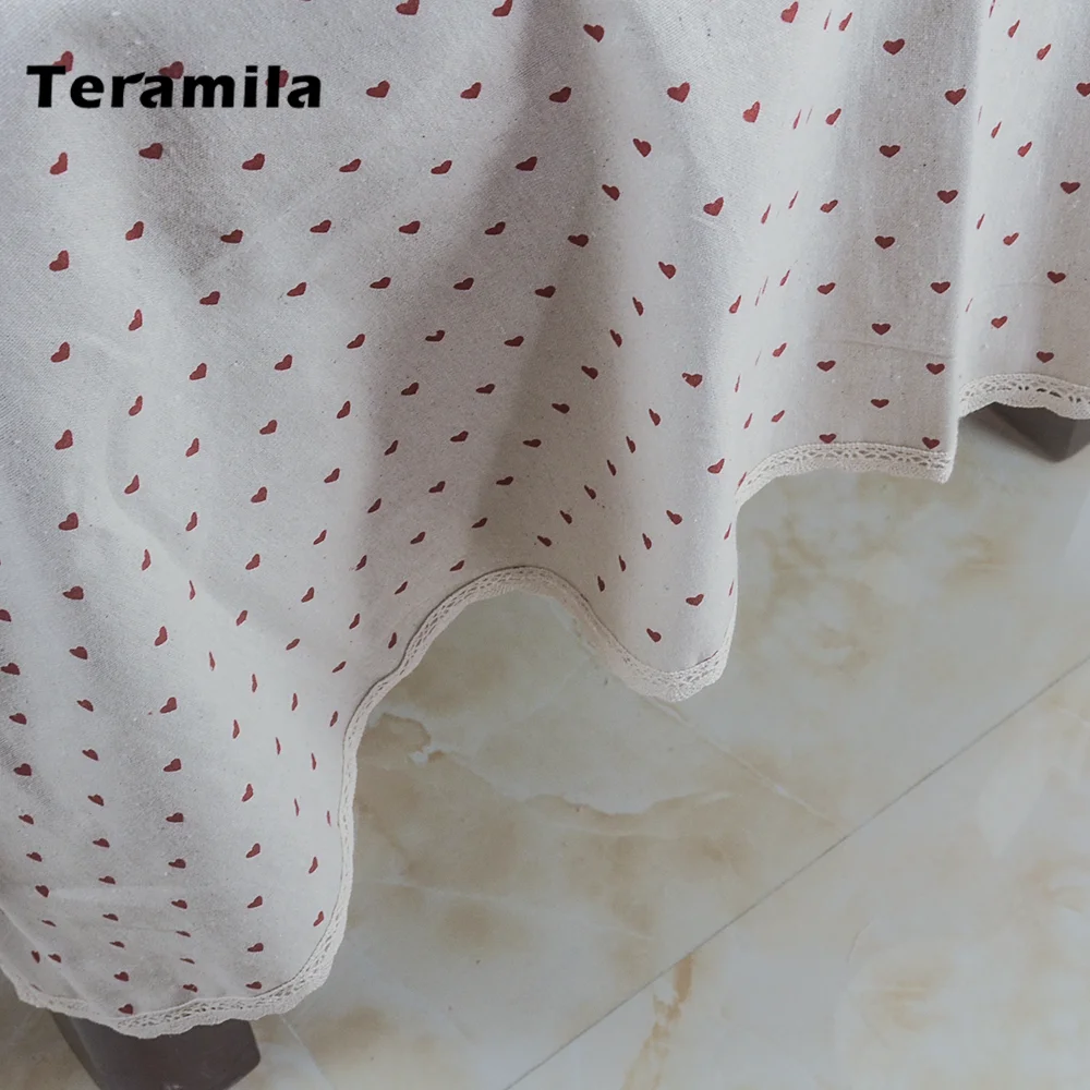 Teramila Cotton Linen Rectangular Dining Tablecloth For Home Party Weddig Mantel Lace Side Heart Design Table Cloth Square Cover