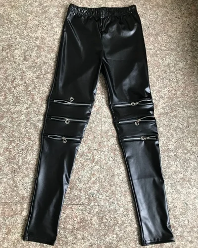 lady sexy gothic fashion pencil zipper pants night bar club punk rock disco pant black red imitation leather Ripped legging