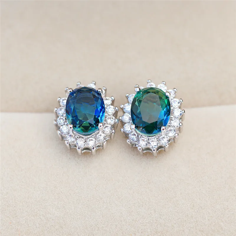 Blue Green Cute Female Blue Oval Stud Earrings Simple Crystal Silver Zircon Stone Earrings For Women Luxury Vintage Wedding Earrings - Metal Color: Blue Green