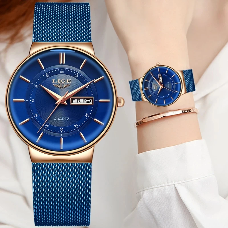 

LIGE Women Watches Luxury Brand Ultra-thin Calendar Week Quartz Watch Ladies Mesh Stainless Steel Waterproof Gift reloj muje+Box