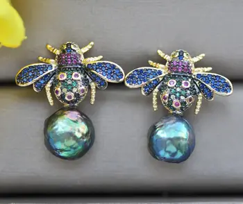 

11mm Peacock-Black Round Edison pearl Beetle CZ Dangle Earrings