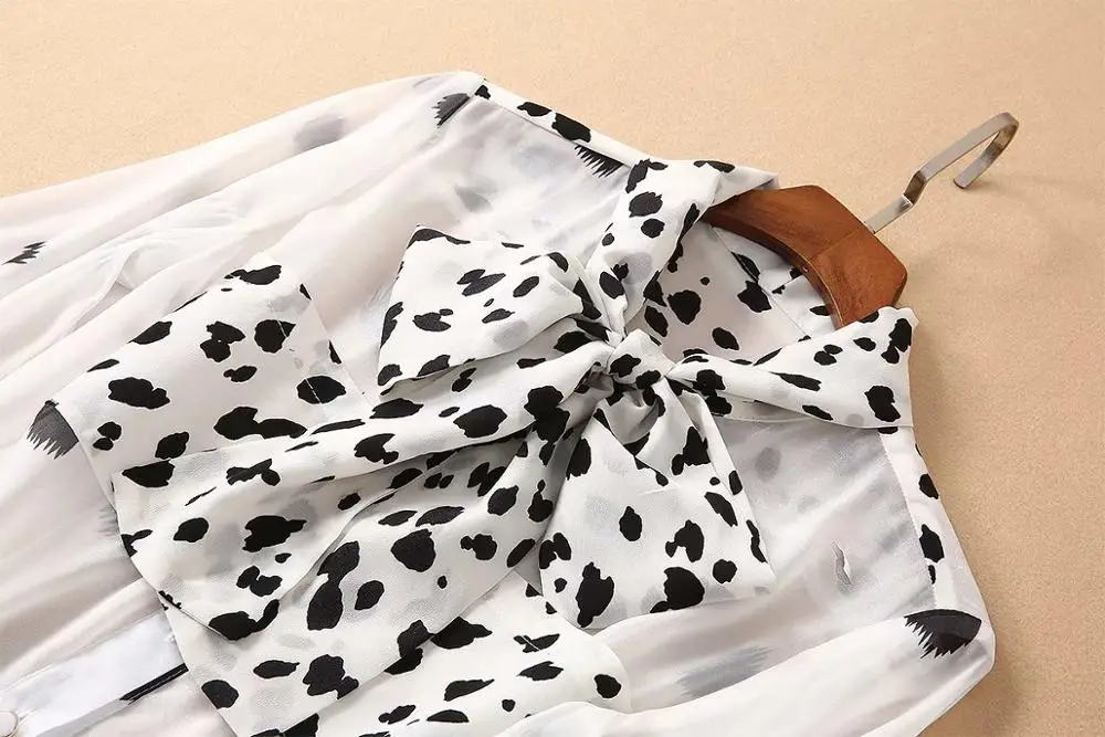 Для женщин леопардовые топы и блузки осень с воротником-стойкой и галстуком-бабочкой черные белые шифоновые блузки+ плиссированная юбка костюм с длинный юбкой Элегантный комплект из двух предметов