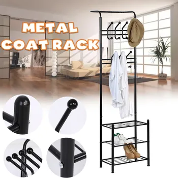 

Metal Hanger Rack Standing Hanging Coat Shoes Wall Shelves Removable Clothes Rack Multi Function Living Bed-Room Furniture