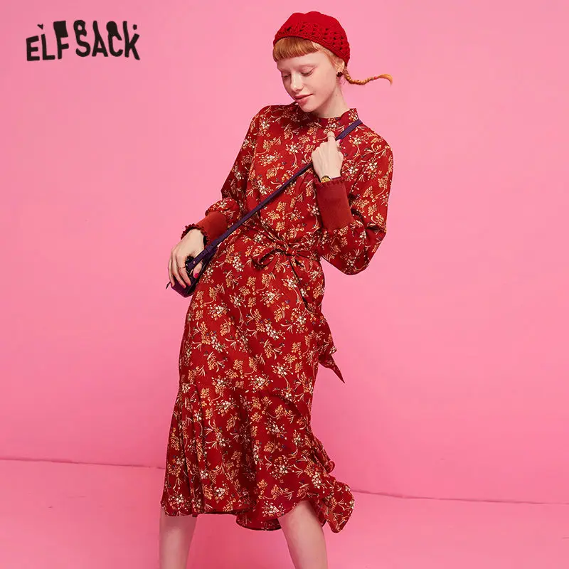 ELFSACK, цветочный принт, оборки, бохо, женские платья, осень, с поясом, жабо, пэчворк, рукав, повседневное, офисное, для девушек, праздничное платье