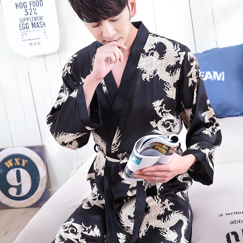 Summer Lovers Men Robe Satin Sleepwear Kimono Gown Silky Bathrobe Gown Male Nightwear Loose Intimate Lingerie Casual Home Wear