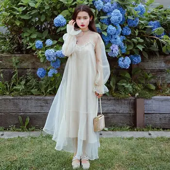 

New Summer Women Vintage Puff Sleeve Two Piece Set Mesh Fairy Long Dress Female Autumn Sweet 2 Piece Shoulder Strap Dresses Suit