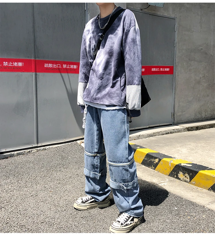 Мужские и женские уличные панк корейские джинсы Harajuku съемное кольцо с молнией пояс Завитая лента свободные джинсовые женские укороченные брюки больших размеров шаровары Хип-хоп