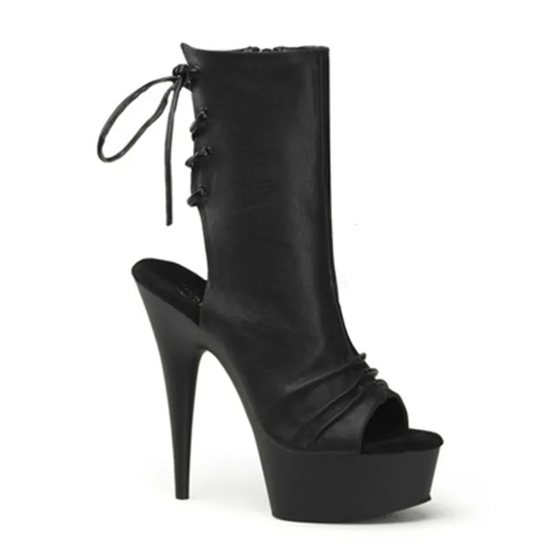 

Elegant fashion women's boots Summer Peep Toe Hollow Out Black Lace-up Soft Leather Ankle Open Stripper high heels shoes woman