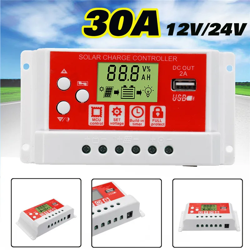 

30A 12V/24V AUTO Solar Charge Controller LCD Display PWM USB Solar Panel Regulator Charge Controller