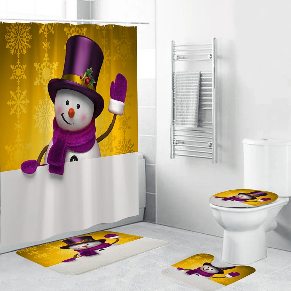 Рождественские душевые наборы занавесок для ванной комнаты Снеговик Санта Клаус узор водонепроницаемый занавески Туалет крышка коврик нескользящий ковер домашний декор