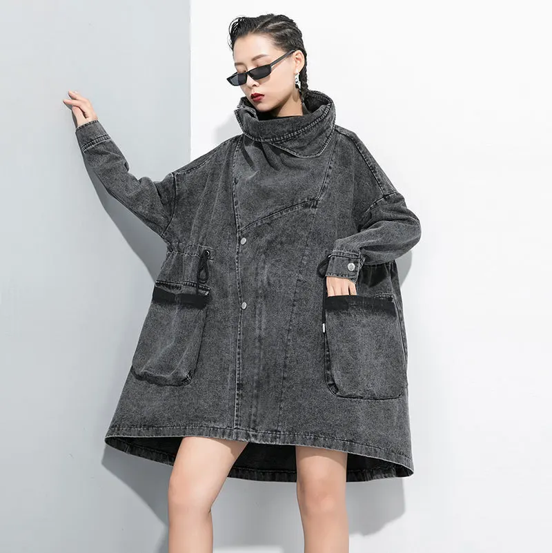 

[EWQ] 2019 autumn new pattern turtleneck collar long sleeve single breasted patchwork vintage windbreaker women AH67201