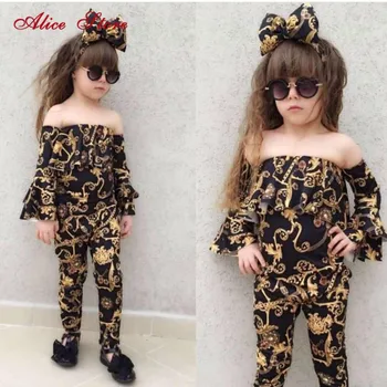 

2020 new ins girls word collar flare sleeves top+printed trousers + headband bow 3 pcs suit children's fashion clothing sets